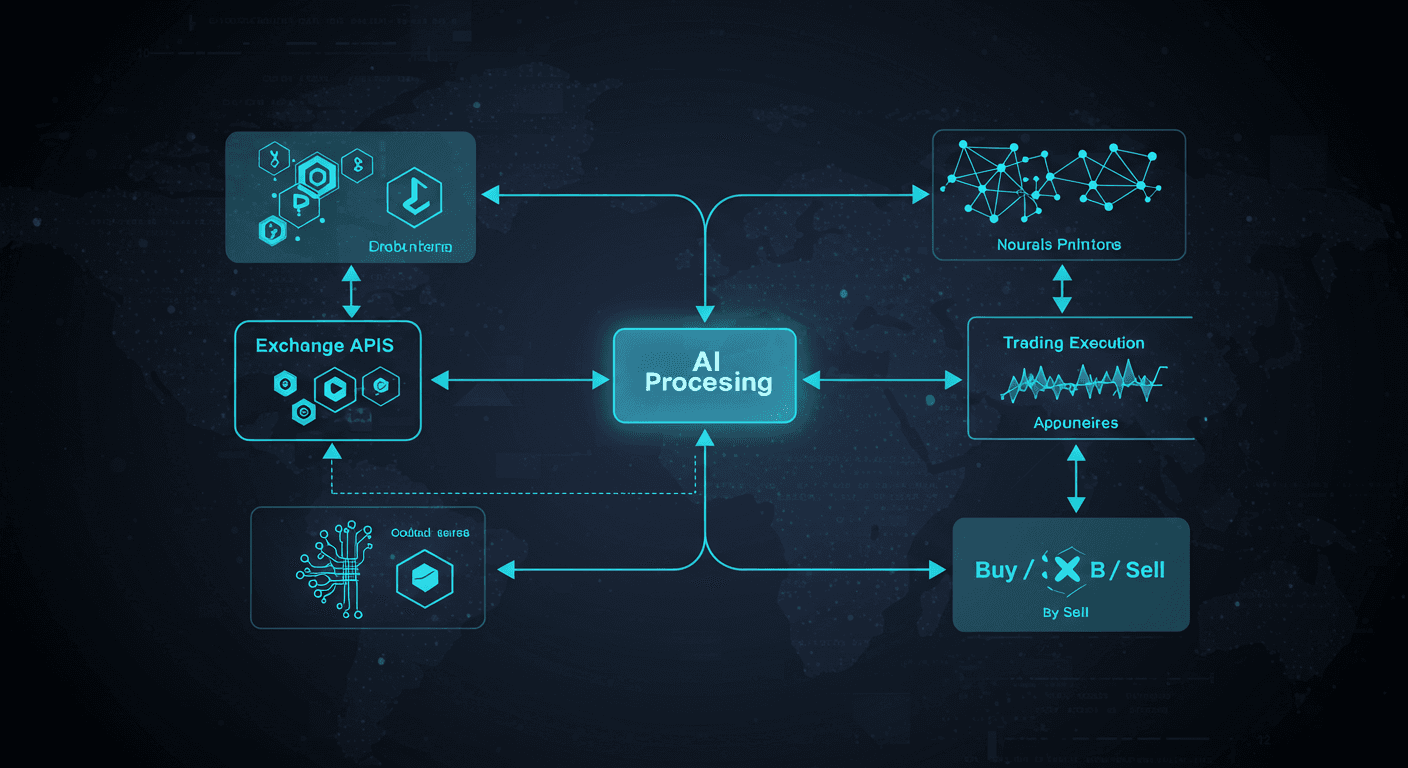 How data flows through the system - from exchange APIs through AI processing to trading execution